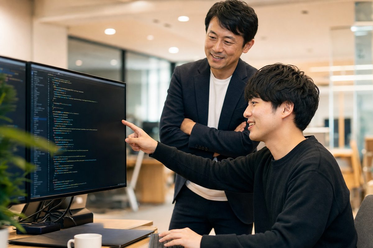 モニターのコードを見ながら改善点を検討する担当者